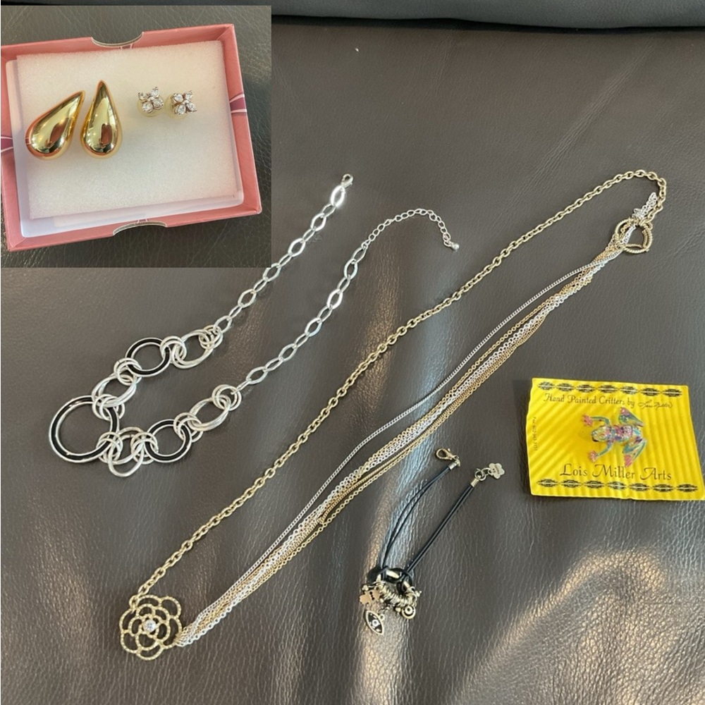 Six pieces of jewelry necklaces, earrings, bracelet and broach.